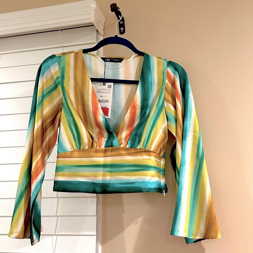 ZARA Satin Striped Crop Top XS Retro Summer Bell Sleeve NWT
